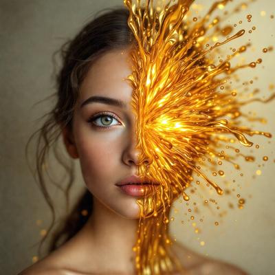 The primary subject of the image is a woman with a unique and artistic appearance. She has a golden substance dripping from her face, giving her a striking and visually appealing look. The setting is a close-up of the woman's face, with the golden substance covering her eyes and nose. The visual style of the image is a combination of photo and digital art, creating a surreal and captivating scene. The colors and mood of the image are predominantly golden and warm, evoking a sense